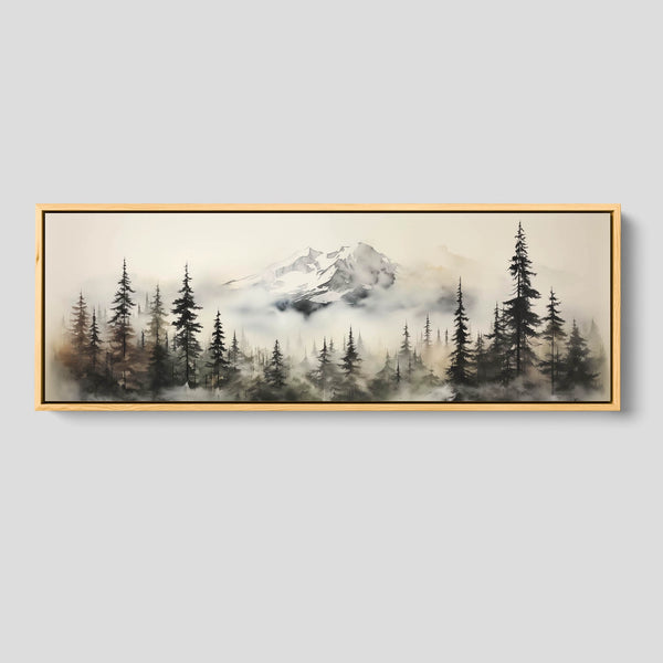 A calming mountain wall art piece in neutral colors.