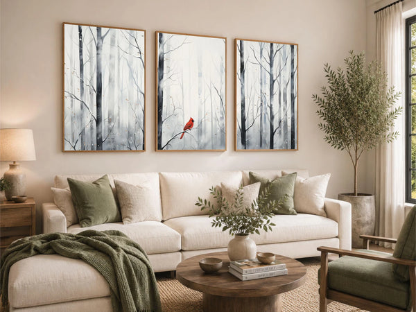 A modern winter forest landscape set on stretched canvas, framed or unframed.