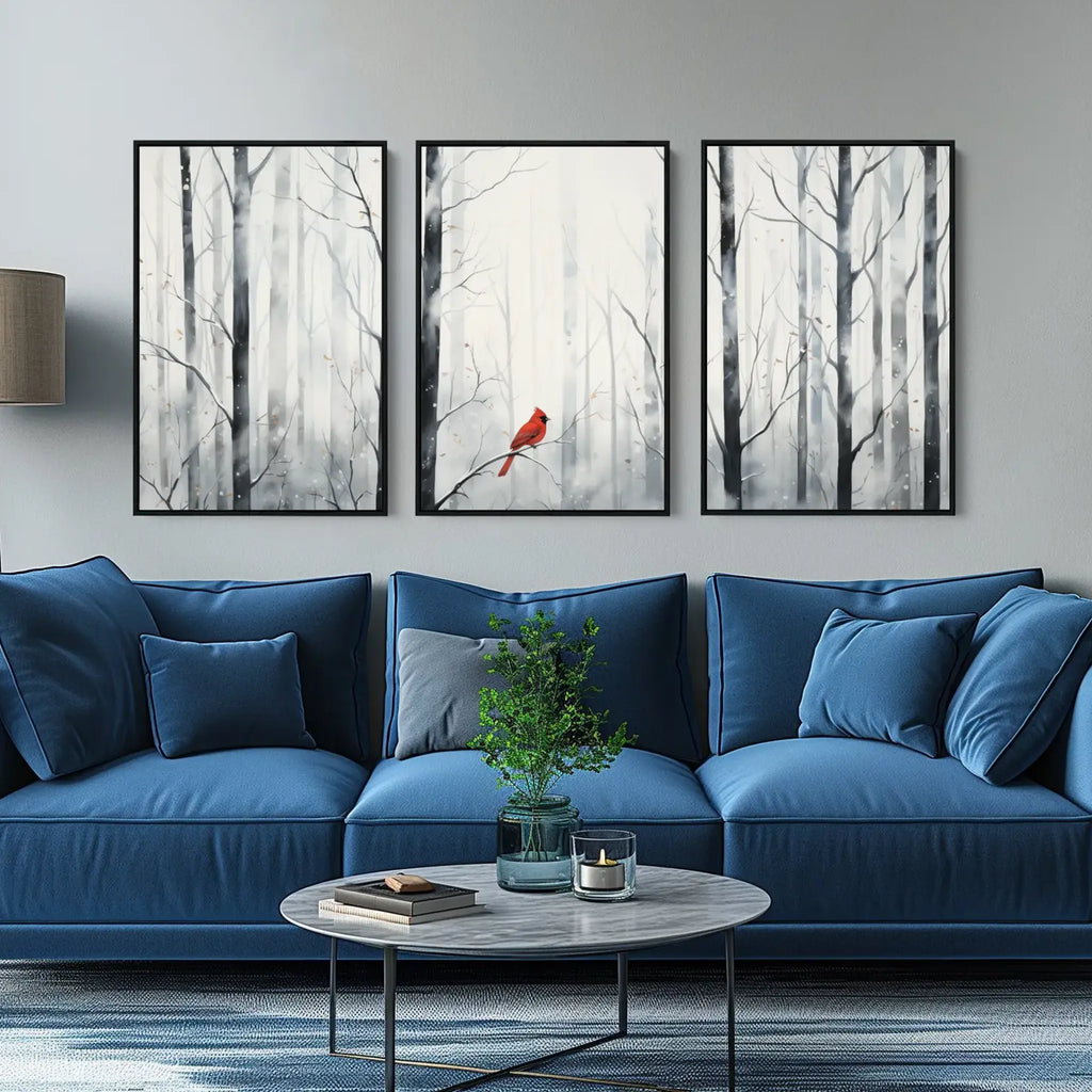 A modern winter forest landscape set on stretched canvas, framed or unframed.