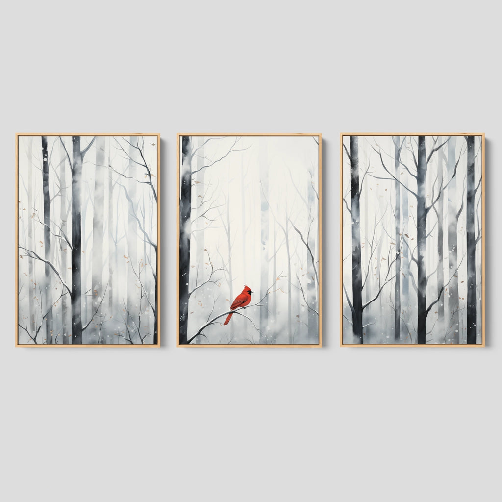 A bright red cardinal rests quietly among snow-covered branches in this peaceful watercolor print set.