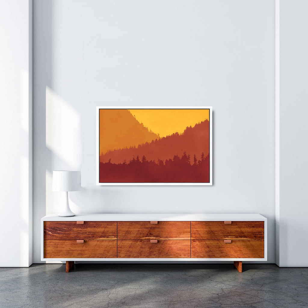 A framed vibrant minimalist landscape wall art in warm colors.