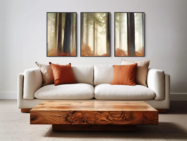 A modern forest landscape canvas art set in earthy tones.