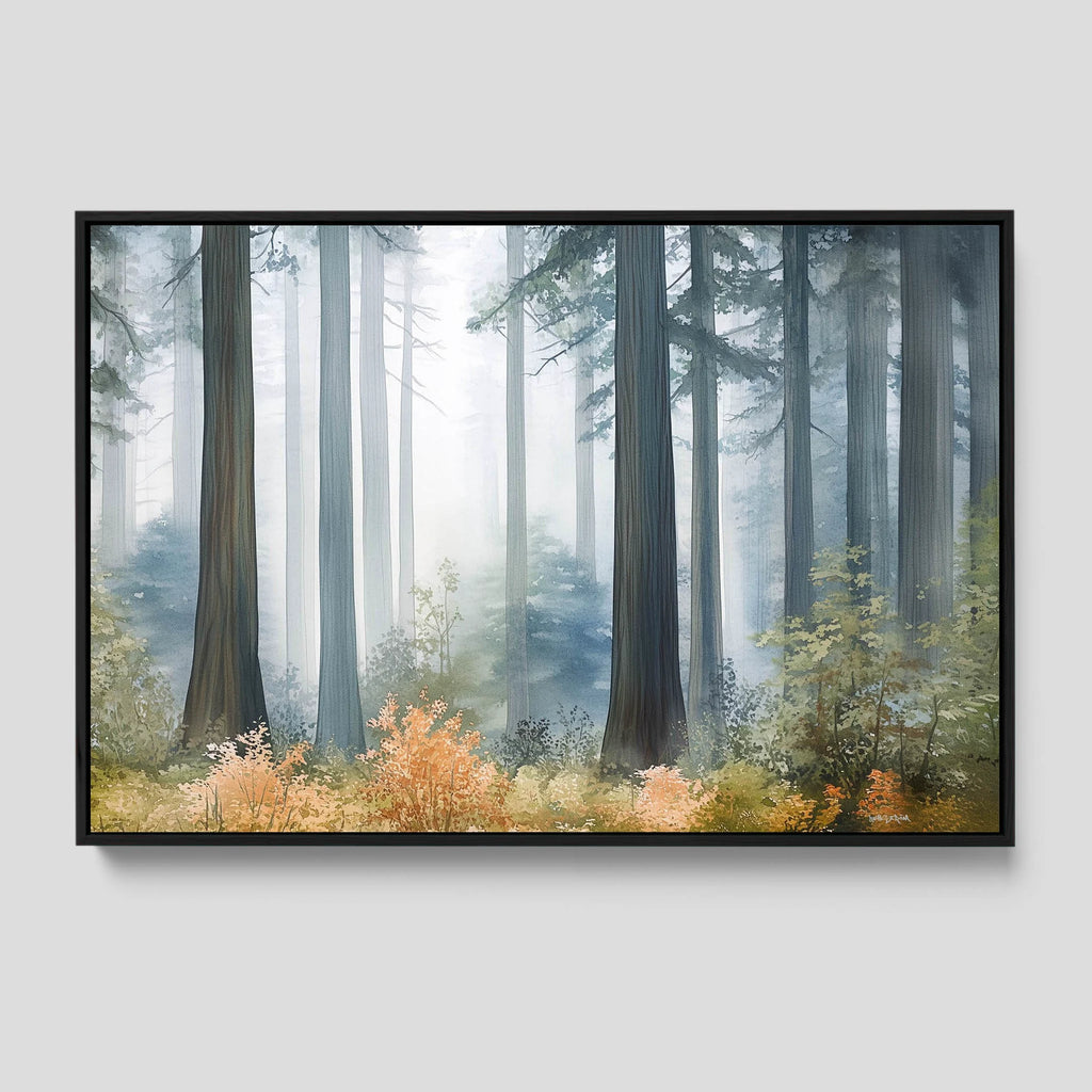 A framed modern forest wall decor on stretched canvas.