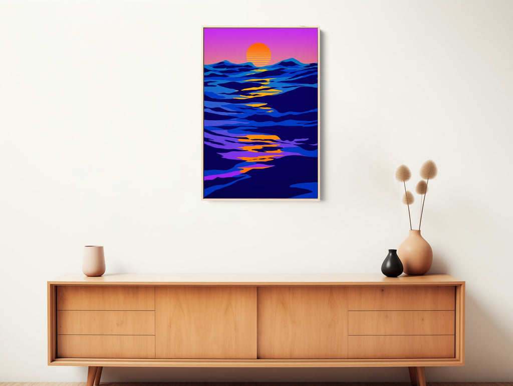 80's modern synthwave California artwork in vibrant hues.