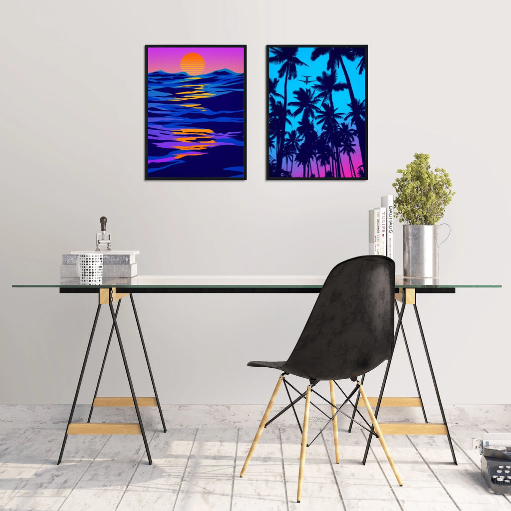 A vibrant framed coastal retro artwork set.