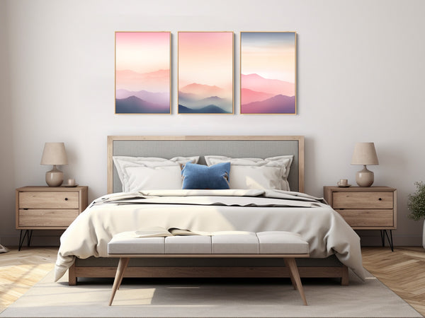 A 3 piece mountain landscape art print set in pastel colors.