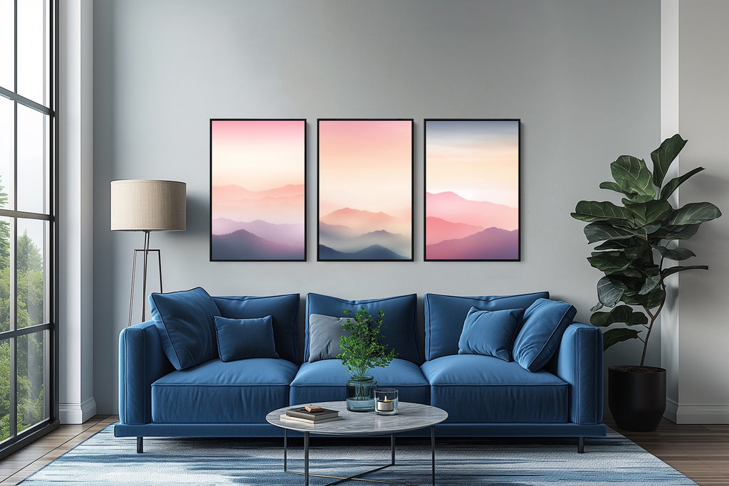 A framed minimalist abstract landscape home decor set.