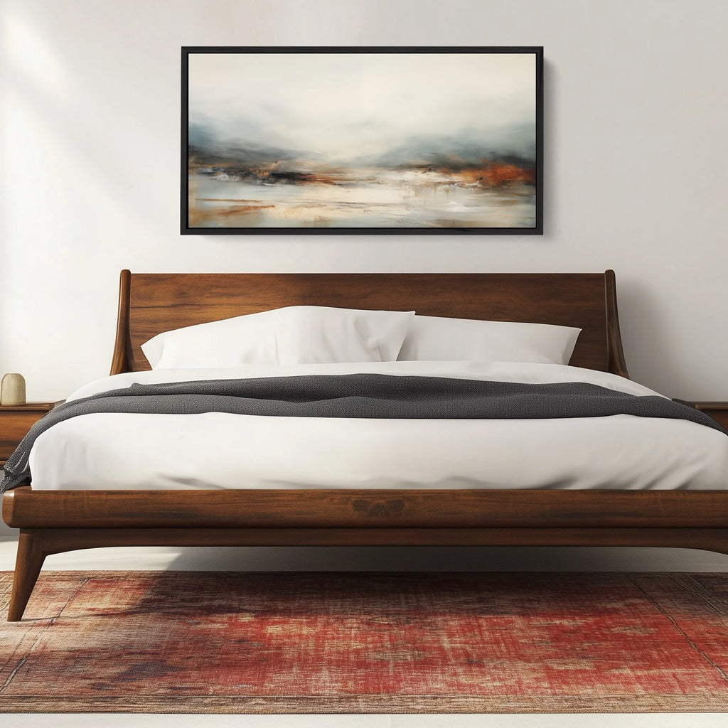A modern abstract canvas print featuring neutral, rust, and grey tones.