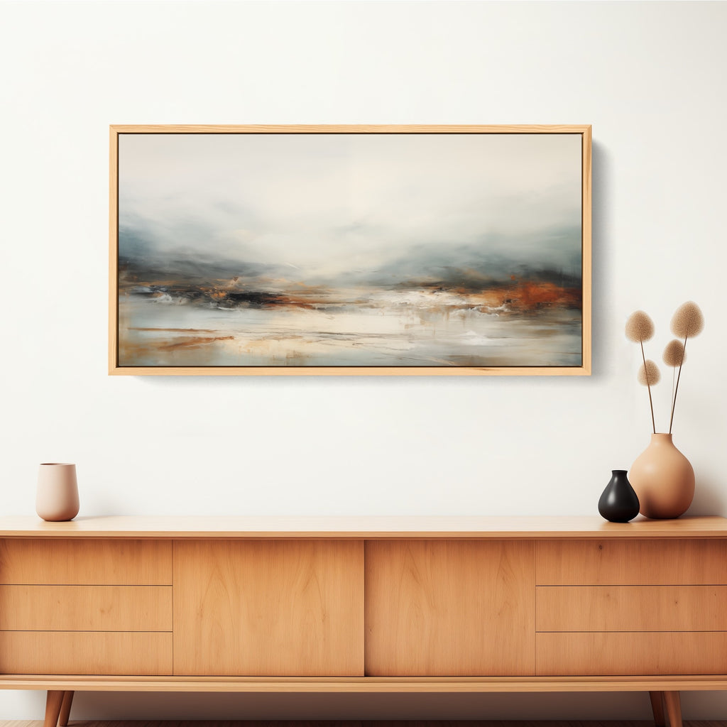 A large horizontal abstract artwork in neutral tones.
