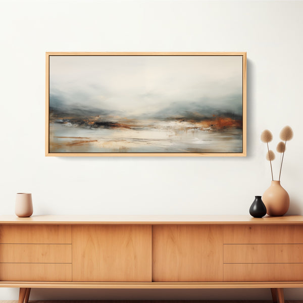 A large horizontal abstract artwork in neutral tones.