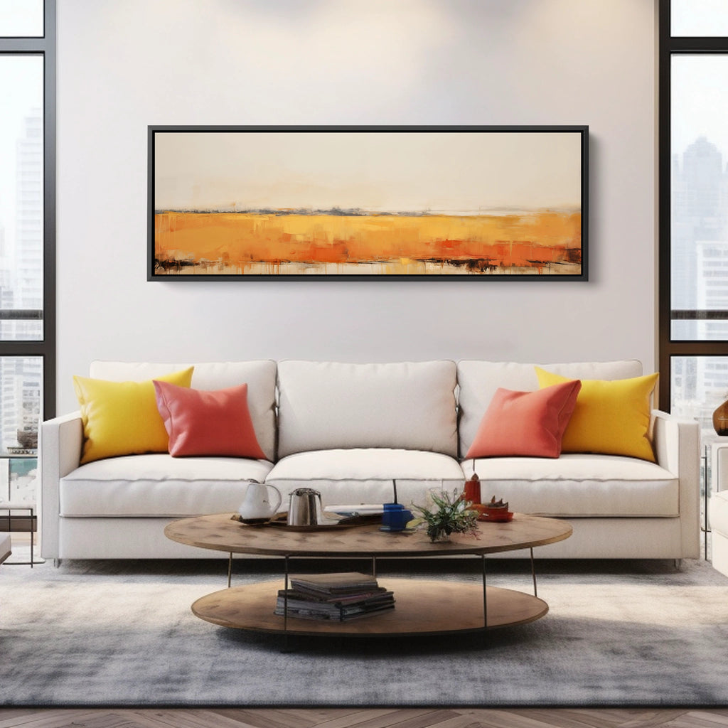 Inspired by open fields and endless skies, this neutral minimal artwork captures the warmth of the countryside in rich shades of ochre, amber, and rust.