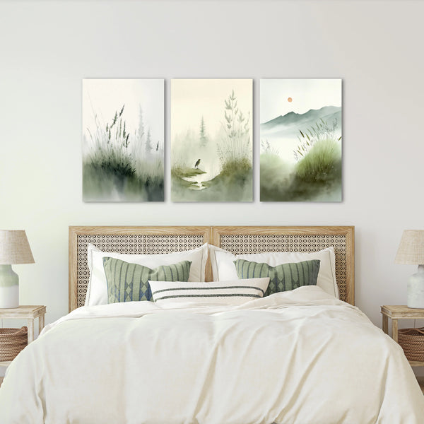 Framed modern artwork featuring tall grasses in sage green.