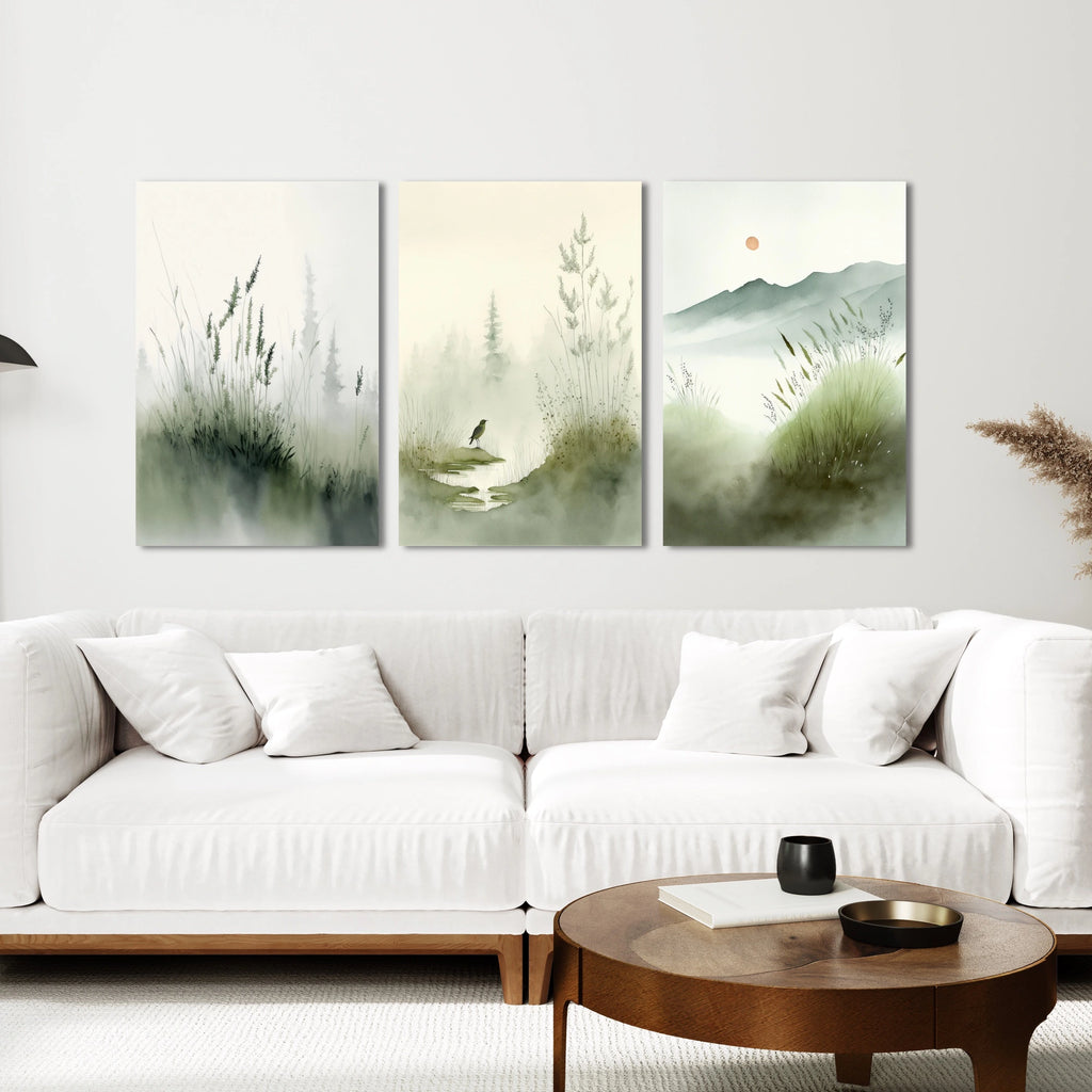 A set of three sage green landscape prints on fine art paper or canvas, framed or unframed.