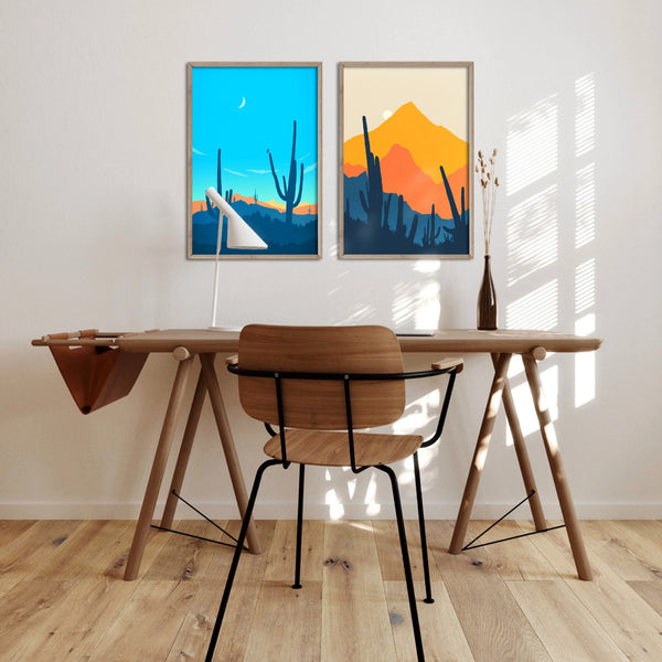 A vibrant Saguaro Cactus art print set in blue and orange.