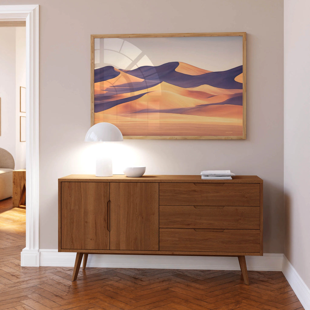 A modern desert landscape print on canvas with floating frame.