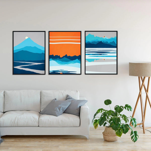 A set of three nordic prints featuring sharp lines and crisp blues and oranges. 