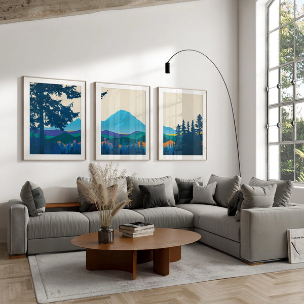 A set of three abstract landscape wall decor prints featuring Mt Rainier and Seattle, Washington. 