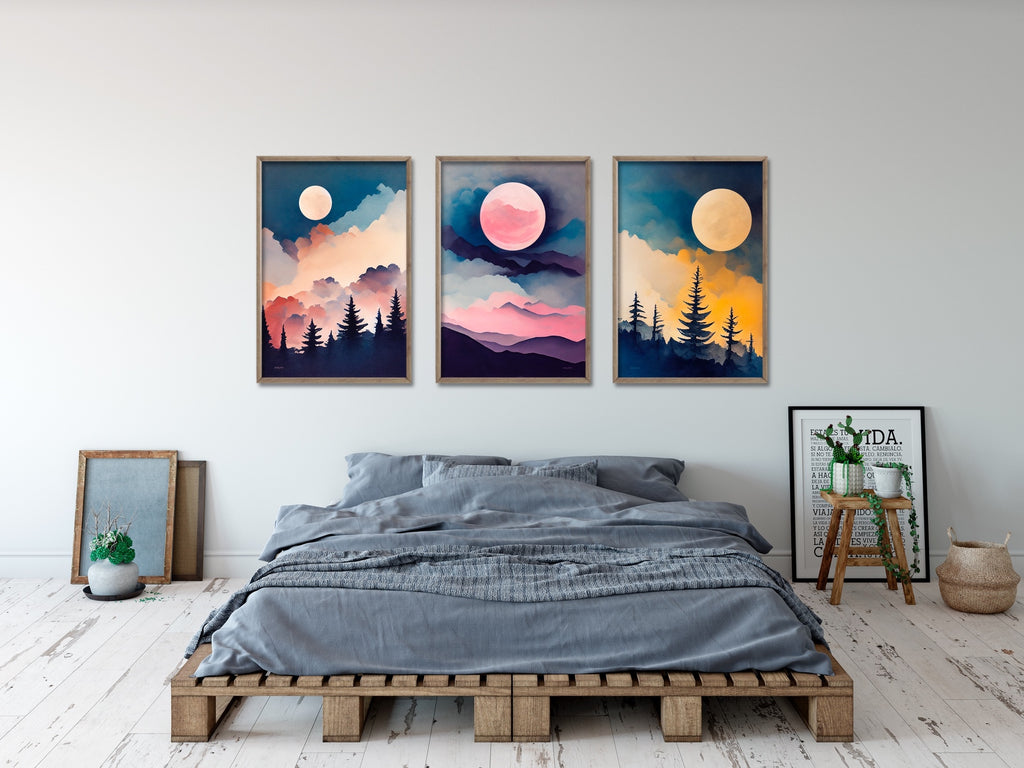 A set of three colorful moonlit landscape canvas art prints.