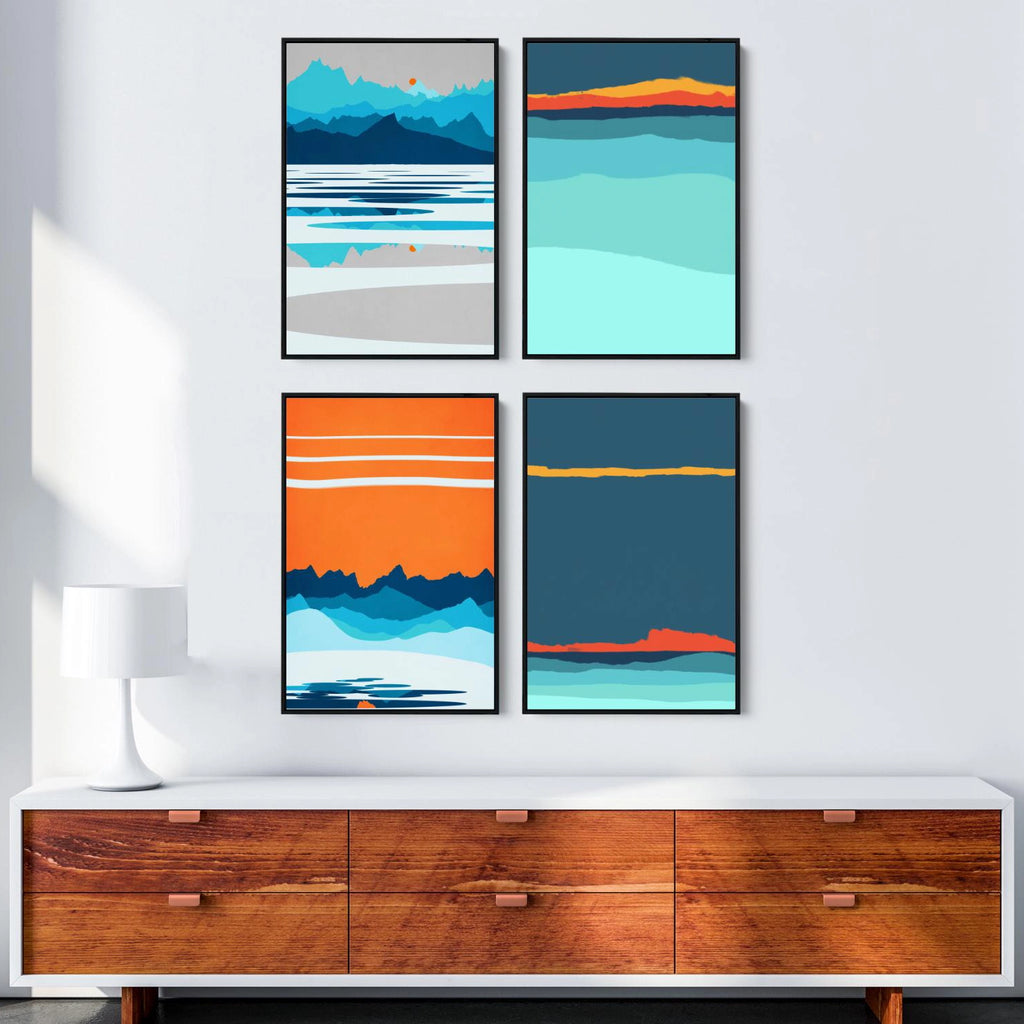 A set of 4 abstract nordic prints in vibrant blues and oranges. 