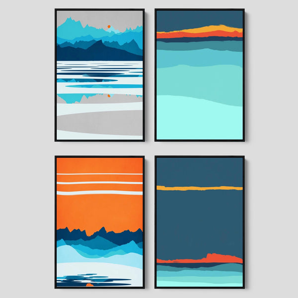 4 Piece Scandinavian Abstract Print Set in Shades of Blue and Orange.
