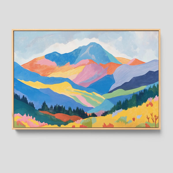 A landscape art print featuring soft pastels that evoke summer in the mountains.