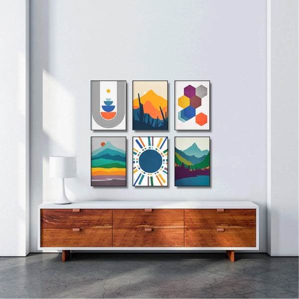 A gallery wall set of six of our popular mid century modern art prints featuring 3 landscapes and 3 abstract prints.