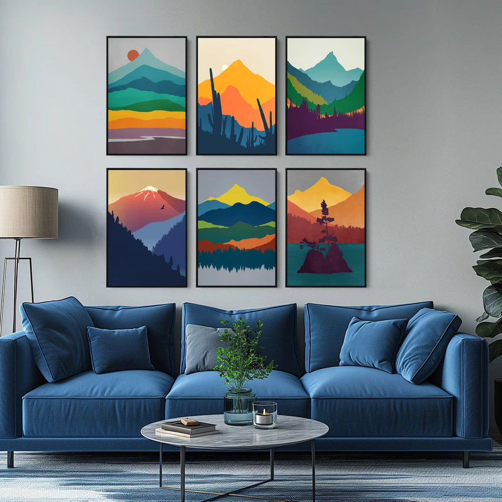 Discounted gallery wall art of six mid century modern landscape wall art prints in vibrant colors.