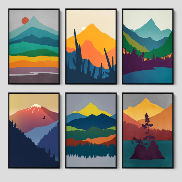 6 piece framed MCM canvas wall art in warm midcentury colors.