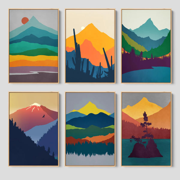 Mid Century Modern Canvas Wall Art Set Featuring 6 Vibrant Landscape Prints.