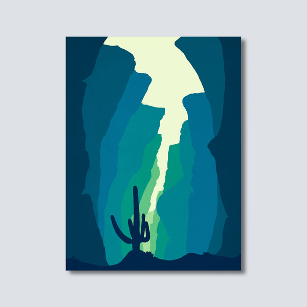 Canyon Desert Landscape Art Print in shades of blue and green.