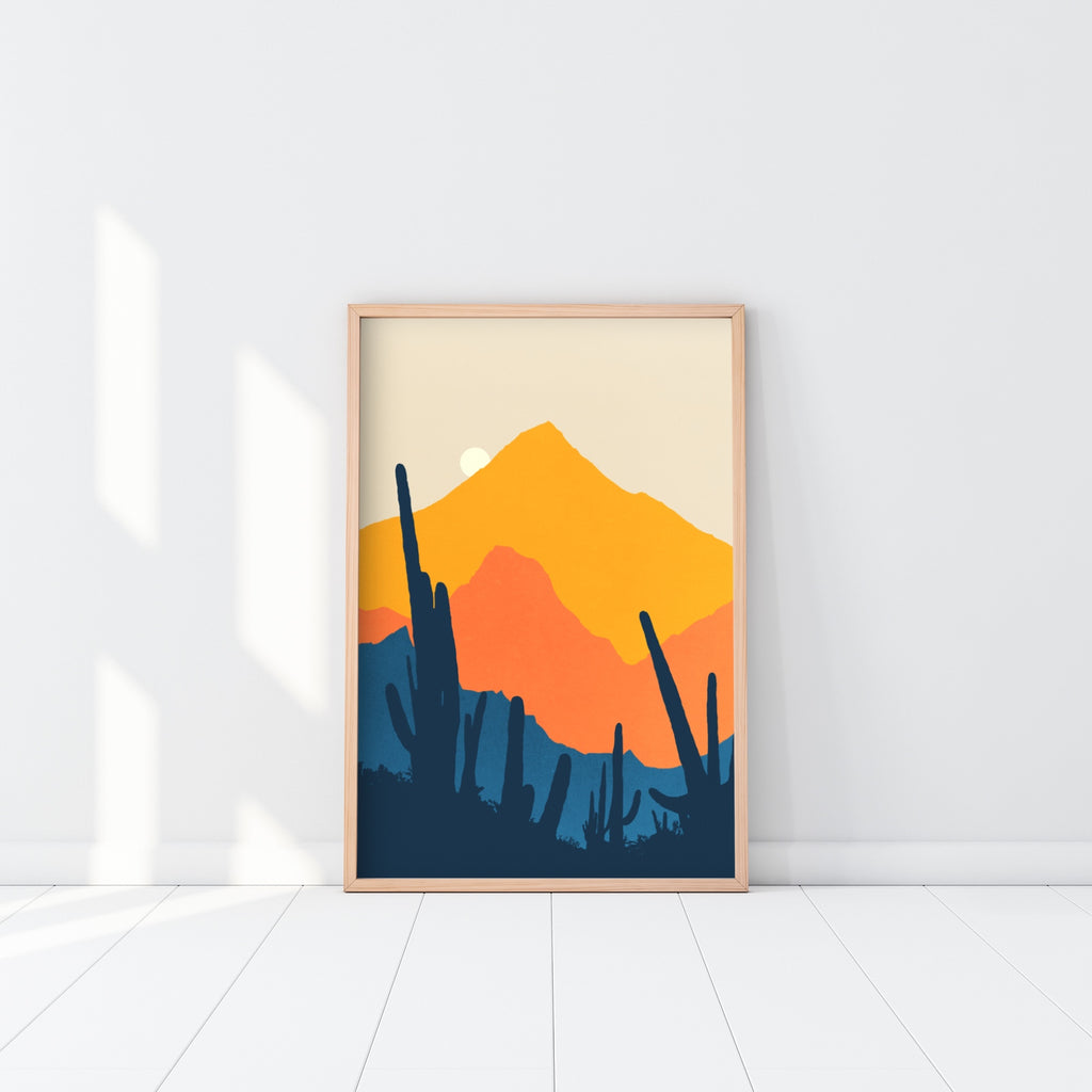 Vertical minimalist desert landscape artwork in vibrant colors.