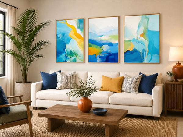 Framed modern abstract print set of 3 in blue, teal and yellow.