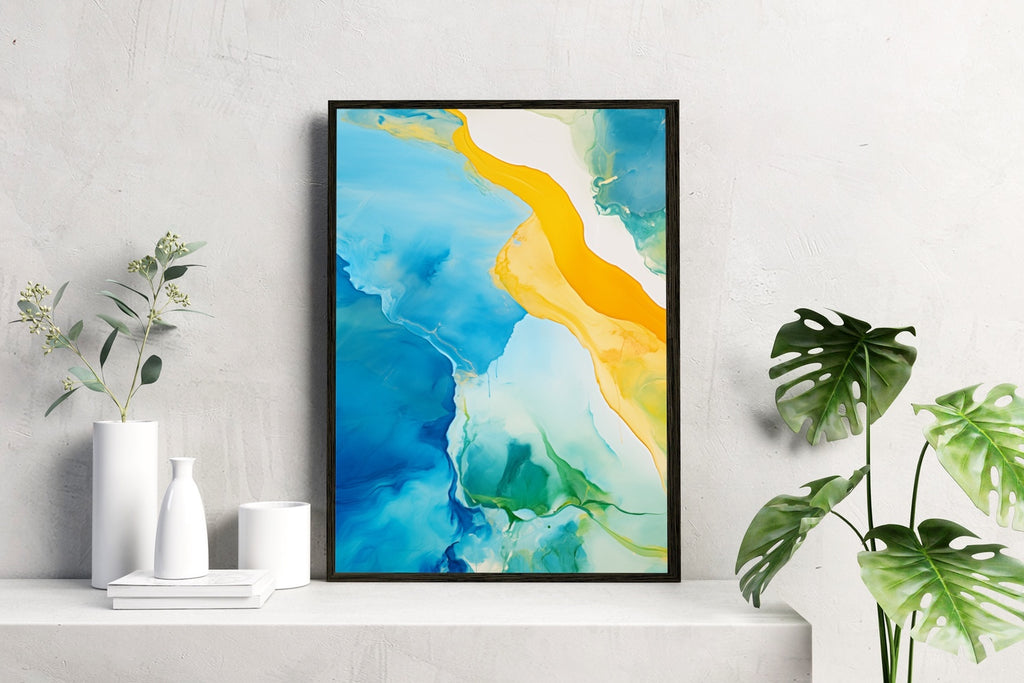 A blue-gold abstract painting on fine art paper or canvas, framed or unframed.