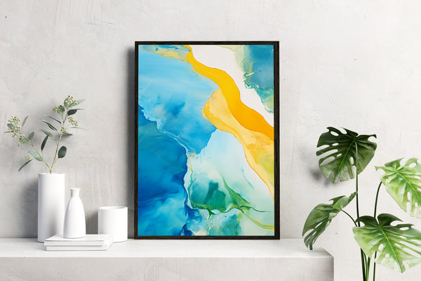 A blue-gold abstract painting on fine art paper or canvas, framed or unframed.