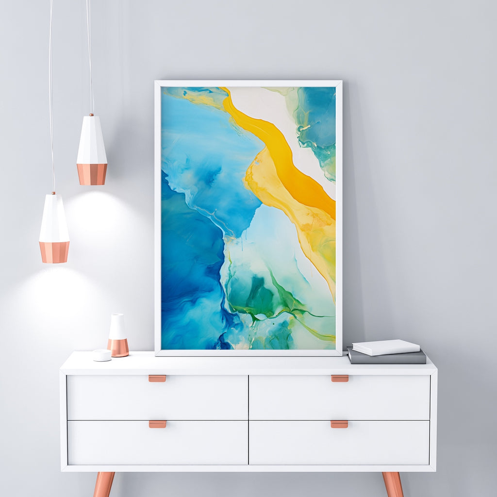 Large framed flowing abstract artwork in blue and gold.