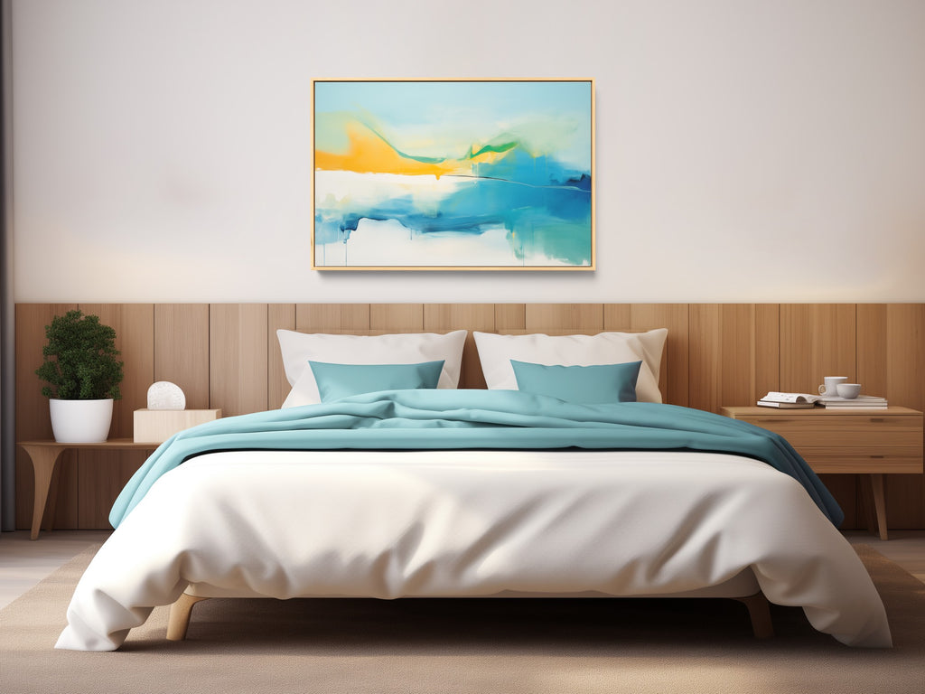 An abstract painting in light blue and gold. 