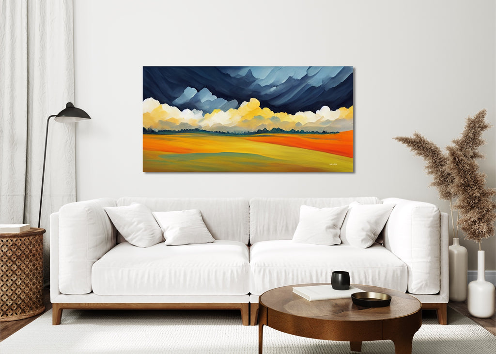 A framed abstract prairie artwork in blue and orange.