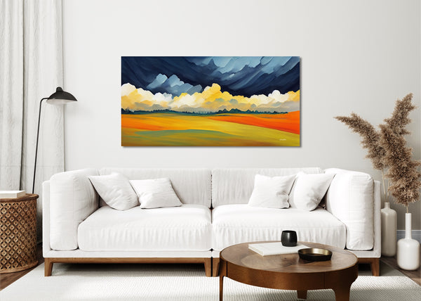A framed abstract prairie artwork in blue and orange.