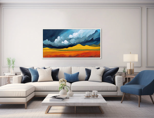 An abstract prairie storm artwork in blue and orange.