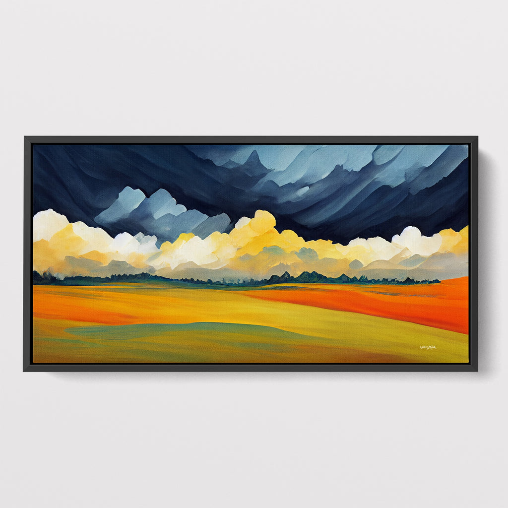 Western landscape featuring storm clouds  over country fields.