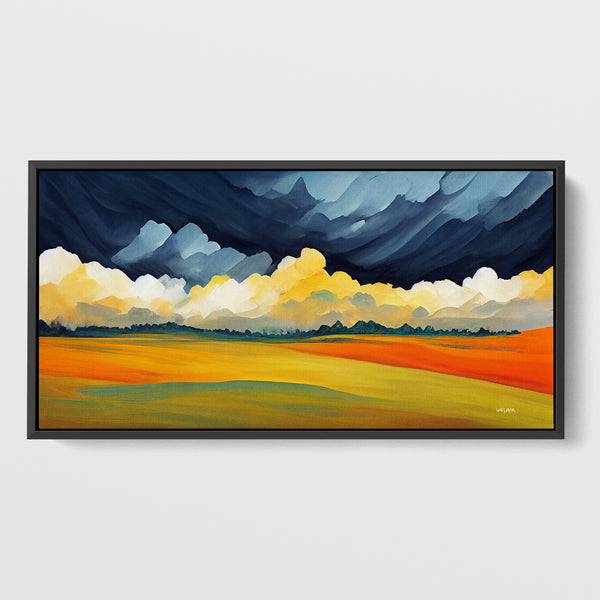 Western landscape featuring storm clouds  over country fields.