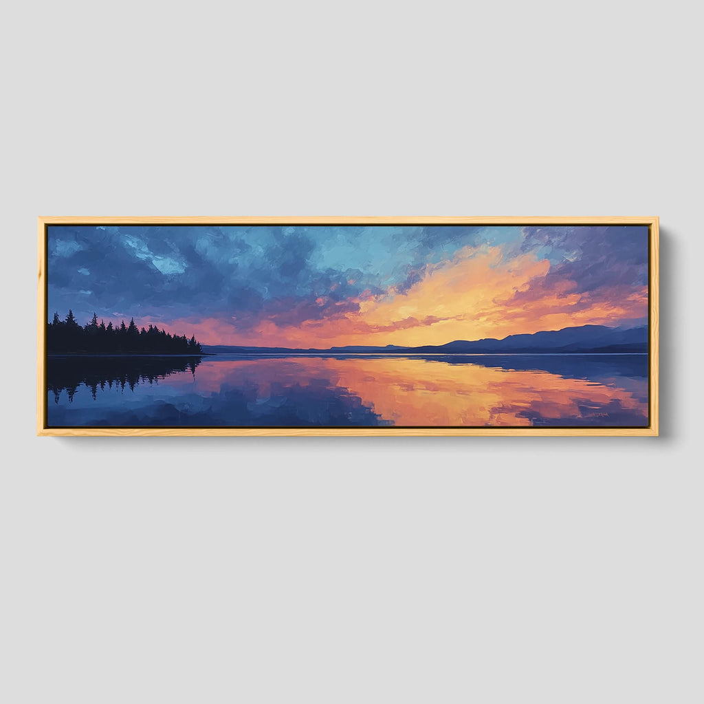 A long lake artwork, featuring soft reflections and a pastel sunset sky.