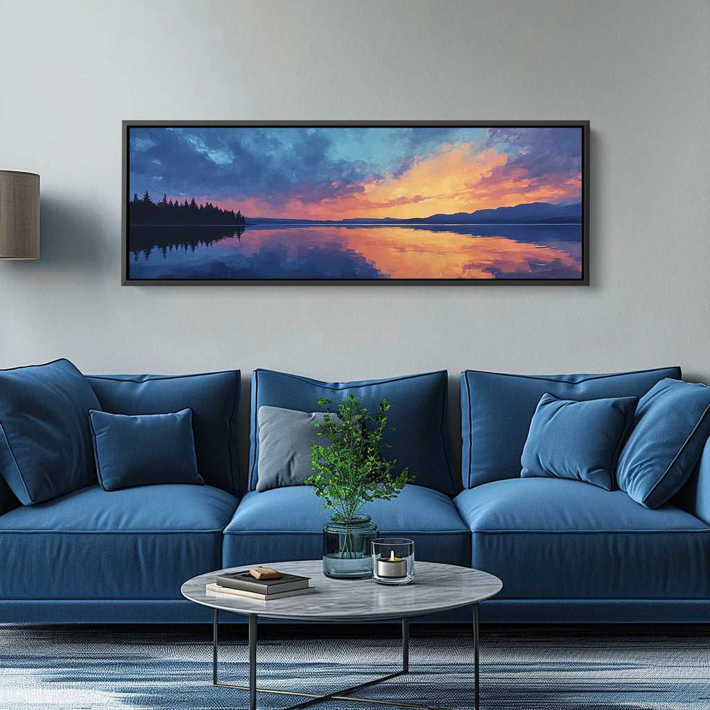 A framed panoramic sunset over lake nature canvas art.