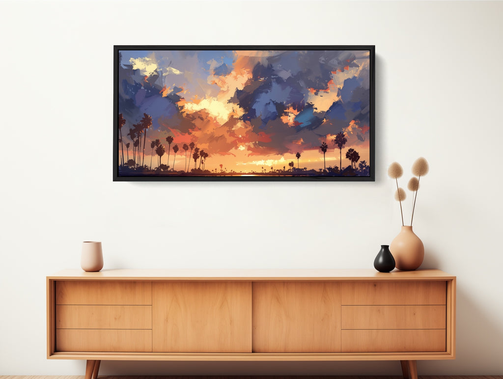Large abstract landscape art print featuring California sky and palm trees.