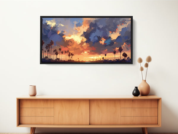 Large abstract landscape art print featuring California sky and palm trees.