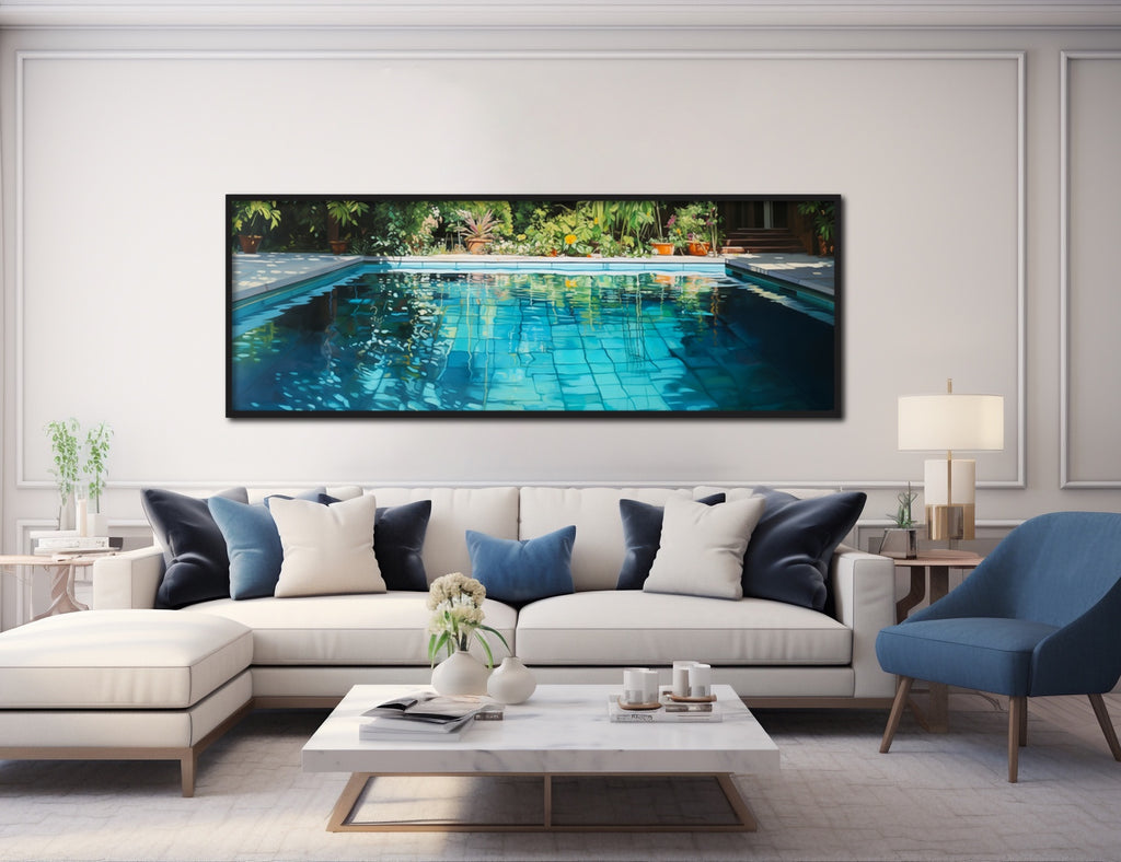 An extra large landscape wall art print featuring swimming pool and a garden.