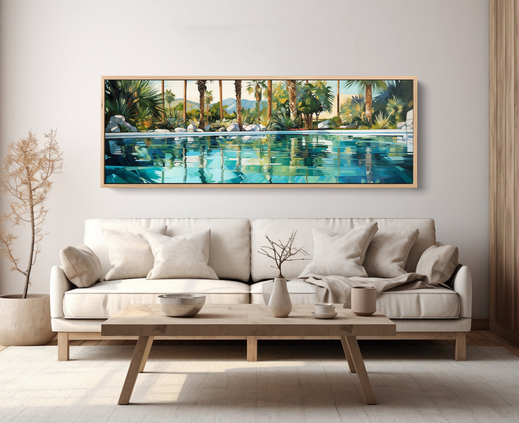 A large landscape painting art print featuring palm trees reflected in a swimming pool.
