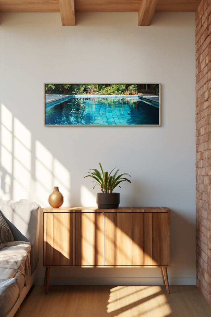 A modern panoramic canvas artwork in blue and green.