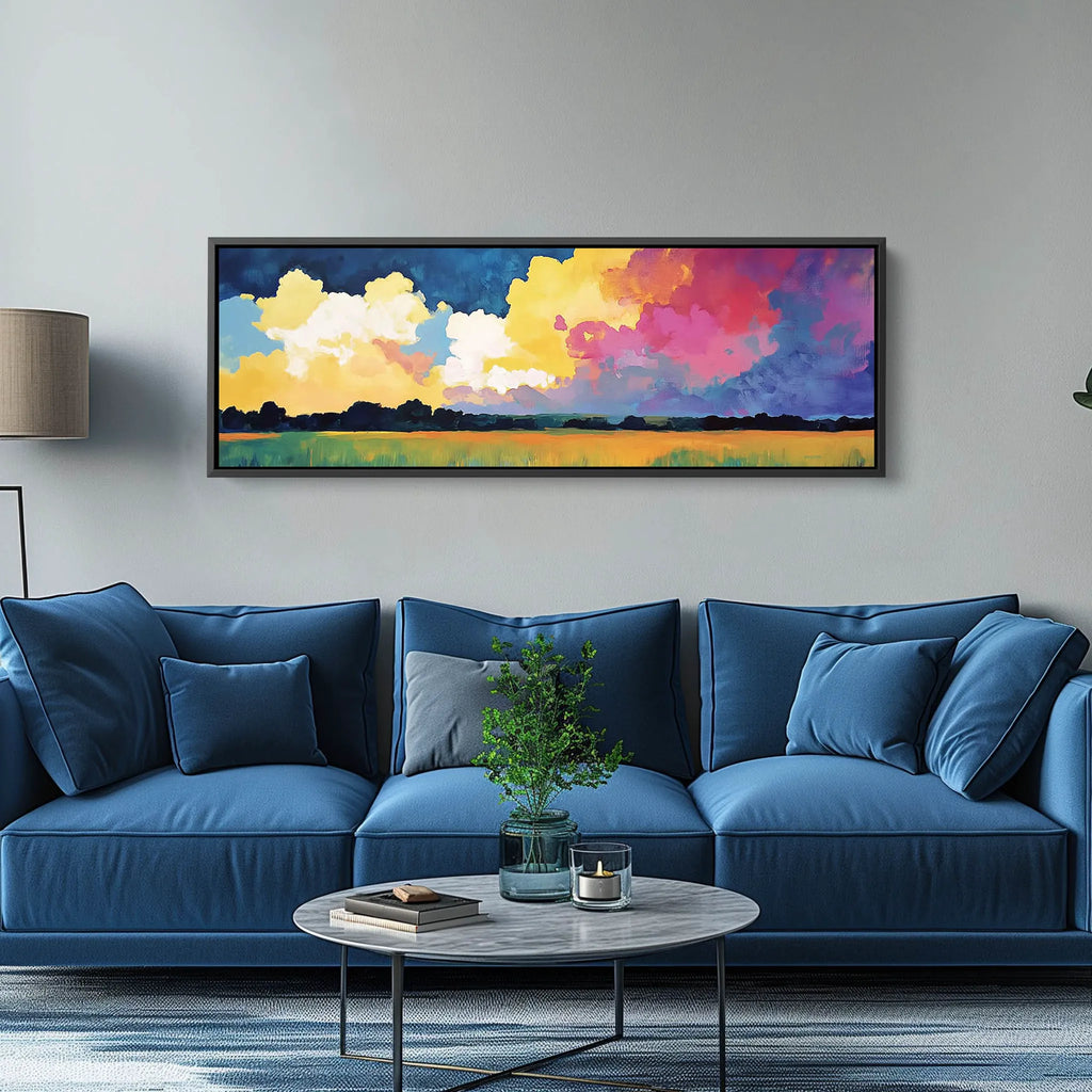 A long artwork featuring bold clouds and a colorful prairie rendered in abstract style.
