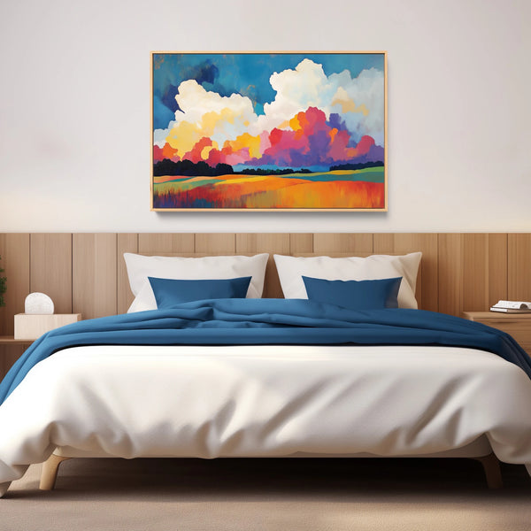 A modern southwestern landscape artwork in bright hues.